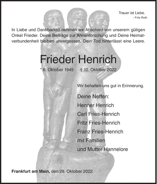Traueranzeige von Frieder Henrich von Siegener Zeitung