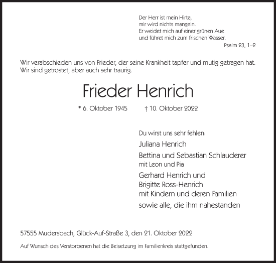 Traueranzeige von Frieder Henrich von Siegener Zeitung