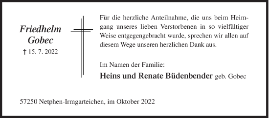 Traueranzeige von Friedhelm Gobec von Siegener Zeitung