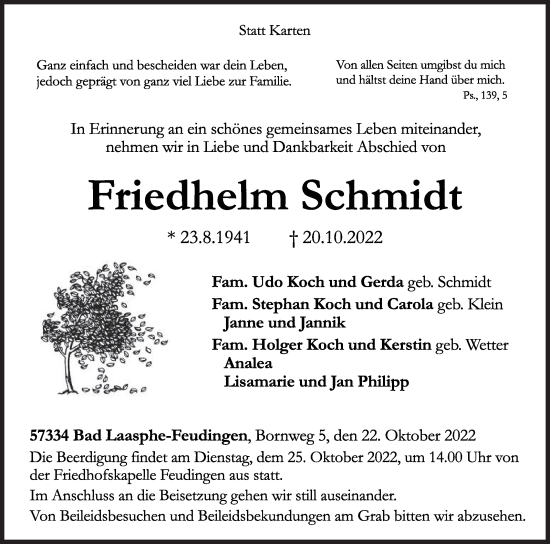 Traueranzeige von Friedhelm Schmidt von Siegener Zeitung