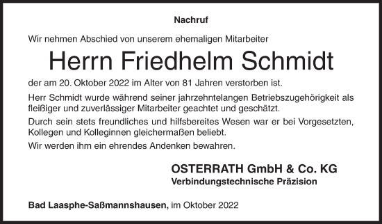 Traueranzeige von Friedhelm Schmidt von Siegener Zeitung