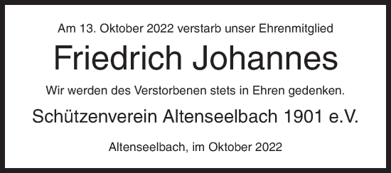 Traueranzeige von Friedrich Johannes von Siegener Zeitung