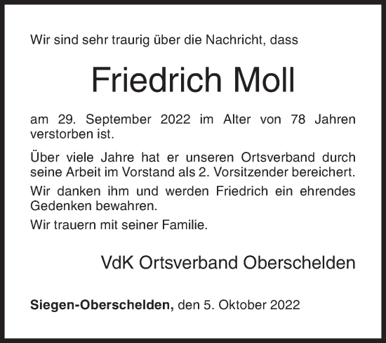 Traueranzeige von Friedrich Moll von Siegener Zeitung