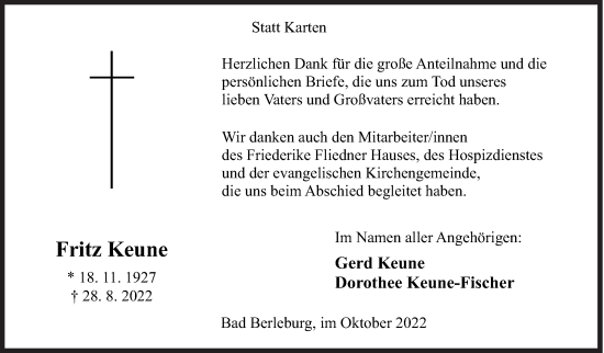 Traueranzeige von Fritz Keune von Siegener Zeitung