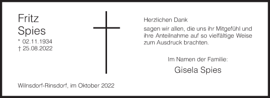 Traueranzeige von Fritz Spies von Siegener Zeitung
