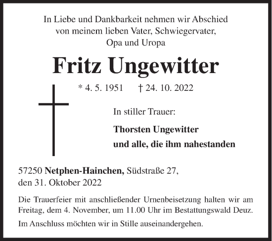 Traueranzeige von Fritz Ungewitter von Siegener Zeitung
