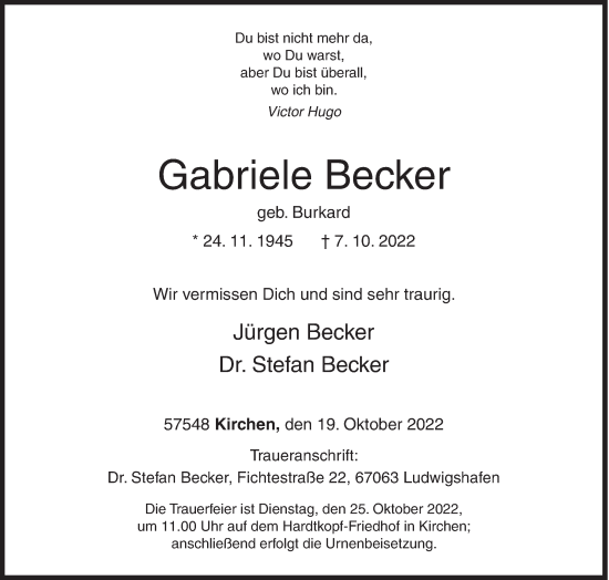 Traueranzeige von Gabriele Becker von Siegener Zeitung