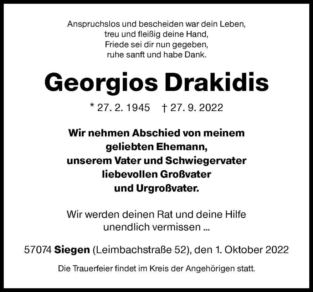  Traueranzeige für Georgios Drakidis vom 01.10.2022 aus Siegener Zeitung
