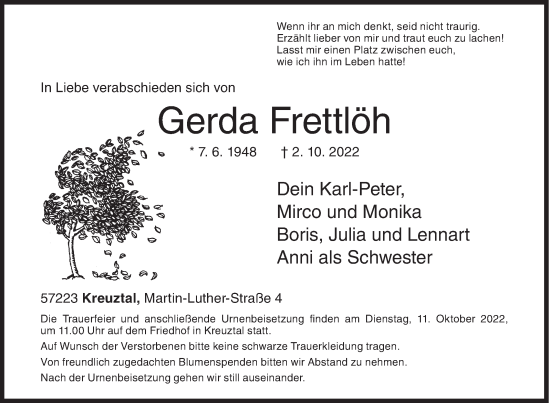 Traueranzeige von Gerda Frettlöh von Siegener Zeitung