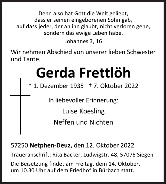 Traueranzeige von Gerda Frettlöh von Siegener Zeitung