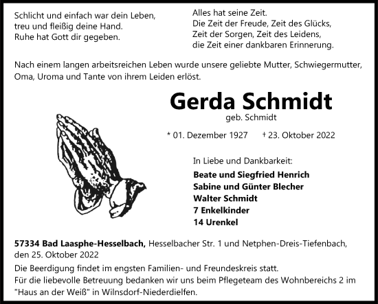Traueranzeige von Gerda Schmidt von Siegener Zeitung