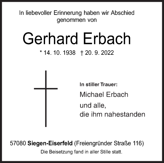 Traueranzeige von Gerhard Erbach von Siegener Zeitung