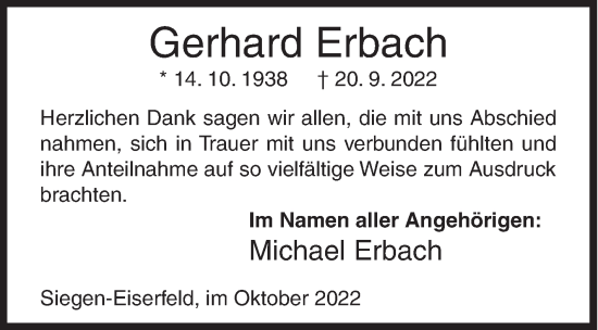 Traueranzeige von Gerhard Erbach von Siegener Zeitung