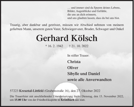 Traueranzeige von Gerhard Kölsch von Siegener Zeitung