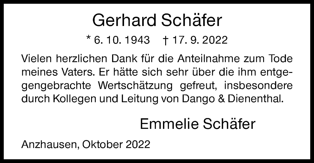  Traueranzeige für Gerhard Schäfer vom 06.10.2022 aus Siegener Zeitung