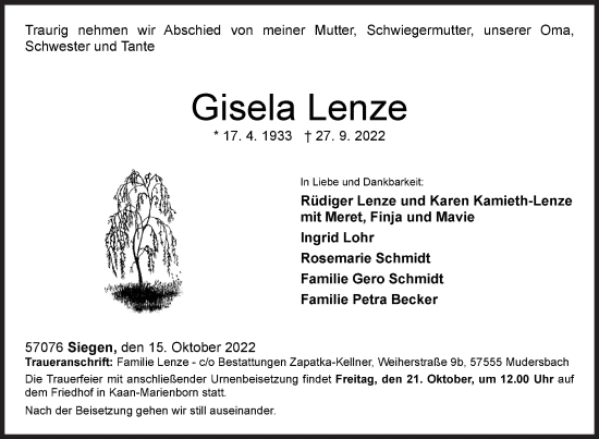 Traueranzeige von Gisela Lenze von Siegener Zeitung