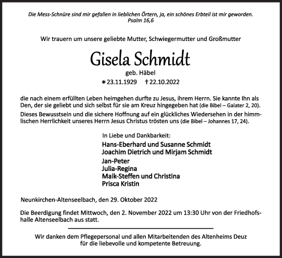 Traueranzeige von Gisela Schmidt von Siegener Zeitung