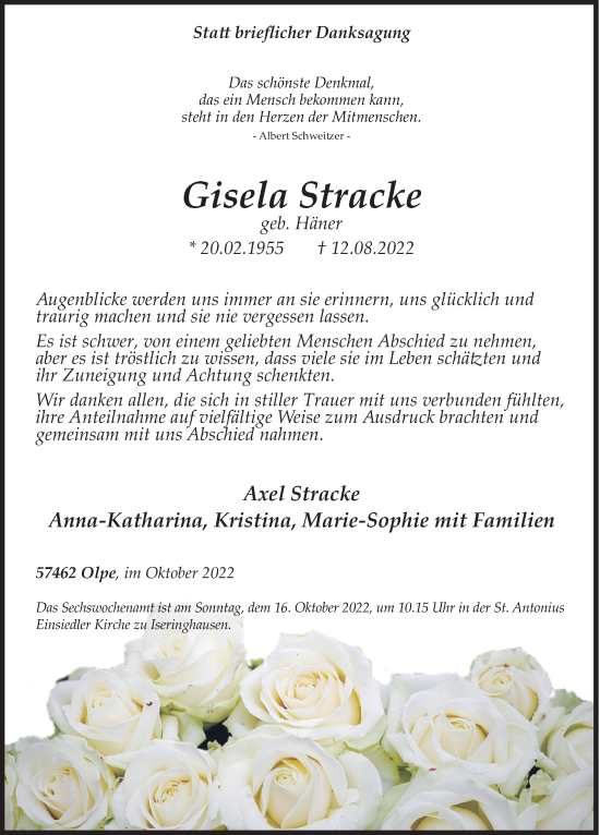 Traueranzeige von Gisela Stracke von Siegener Zeitung