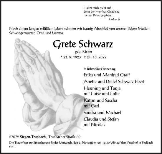 Traueranzeige von Grete Schwarz von Siegener Zeitung
