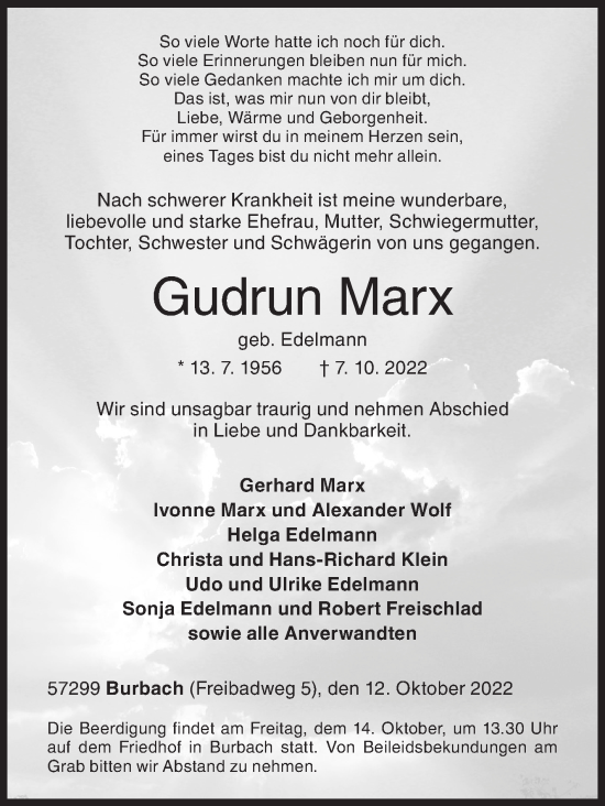Traueranzeige von Gudrun Marx von Siegener Zeitung