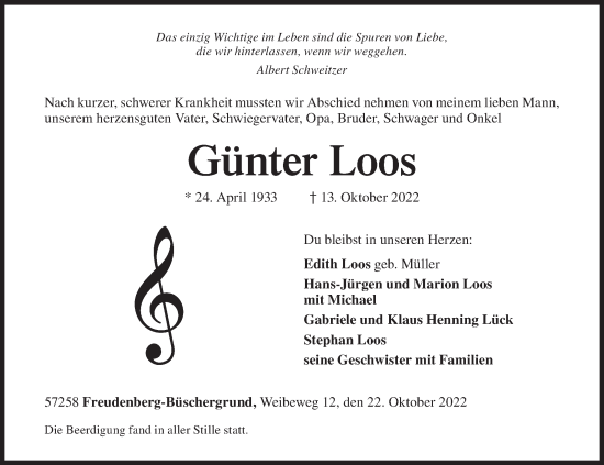 Traueranzeige von Günter Loos von Siegener Zeitung