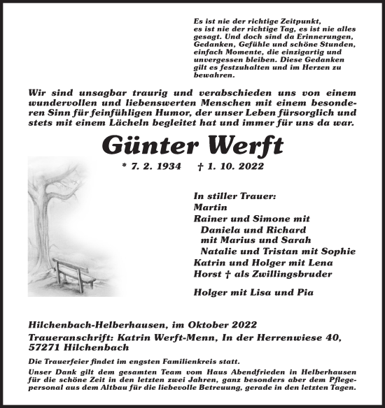 Traueranzeige von Günter Werft von Siegener Zeitung