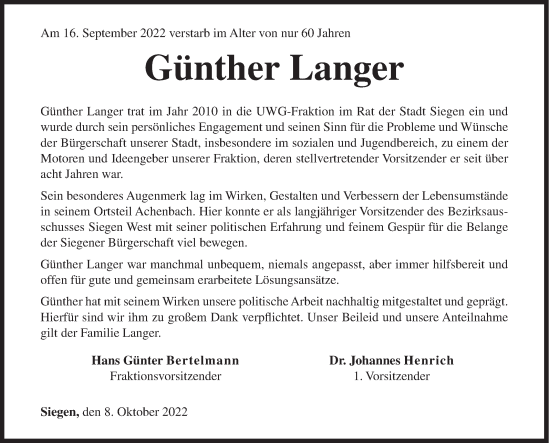 Traueranzeige von Günther Langer von Siegener Zeitung