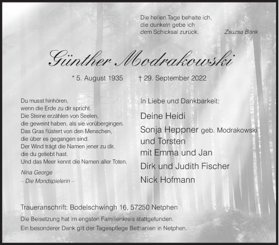 Traueranzeige von Günther Modrakowski von Siegener Zeitung