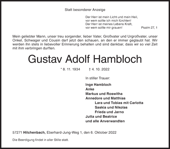 Traueranzeige von Gustav Adolf Hambloch von Siegener Zeitung