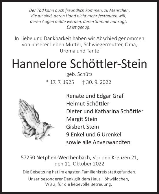 Traueranzeige von Hannelore Schöttler-Stein von Siegener Zeitung