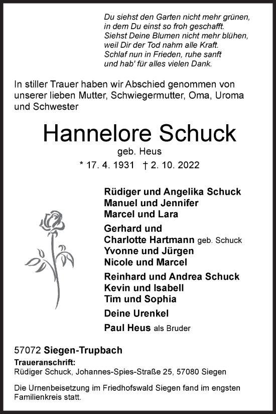 Traueranzeige von Hannelore Schuck von Siegener Zeitung