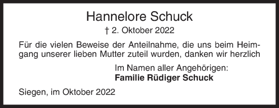 Traueranzeige von Hannelore Schuck von Siegener Zeitung