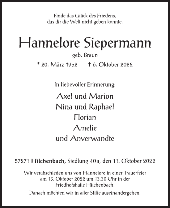 Traueranzeige von Hannelore Siepermann von Siegener Zeitung