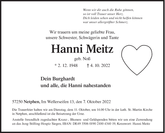 Traueranzeige von Hanni Meitz von Siegener Zeitung