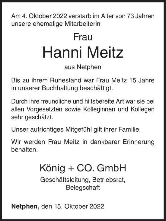 Traueranzeige von Hanni Meitz von Siegener Zeitung