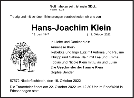 Traueranzeige von Hans-Joachim Klein von Siegener Zeitung