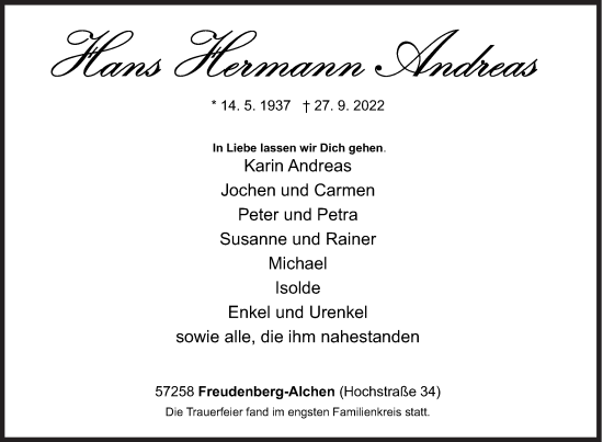 Traueranzeige von Hans Hermann Andreas von Siegener Zeitung