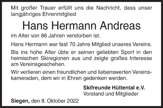 Traueranzeige von Hans Hermann Andreas von Siegener Zeitung
