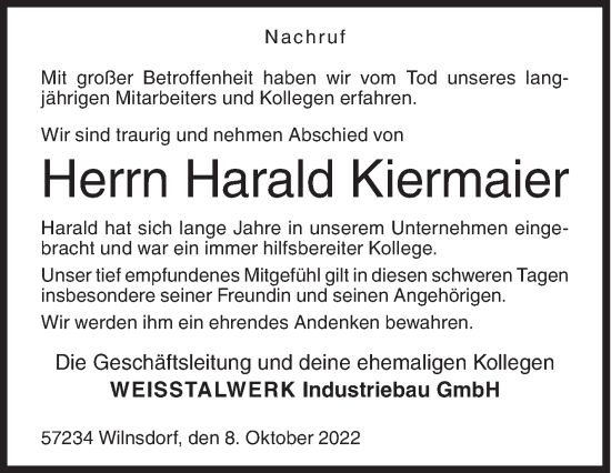 Traueranzeige von Harald Kiermaier von Siegener Zeitung