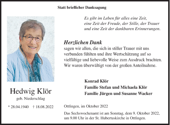 Traueranzeige von Hedwig Klör von Siegener Zeitung
