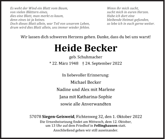 Traueranzeige von Heide Becker von Siegener Zeitung