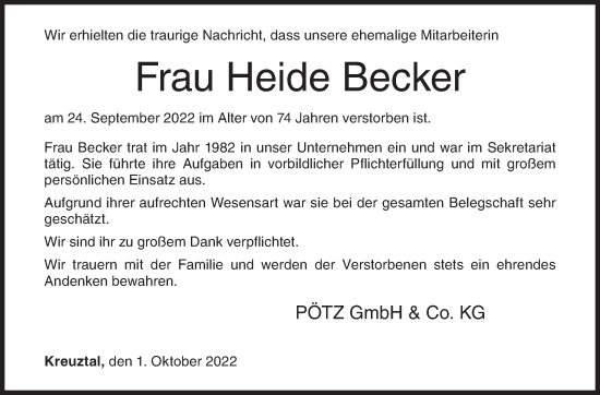 Traueranzeige von Heide Becker von Siegener Zeitung