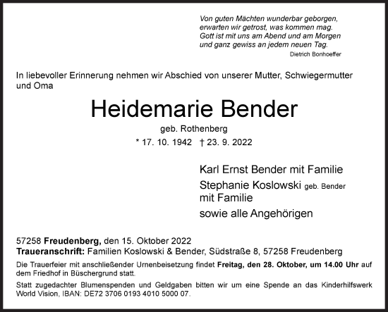 Traueranzeige von Heidemarie Bender von Siegener Zeitung