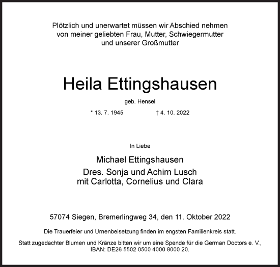 Traueranzeige von Heila Ettingshausen von Siegener Zeitung