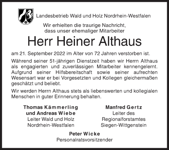 Traueranzeige von Heiner Althaus von Siegener Zeitung