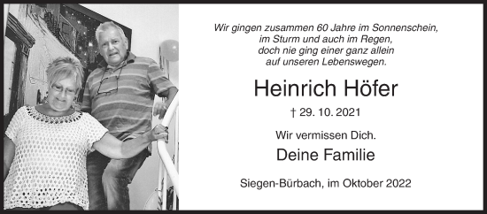 Traueranzeige von Heinrich Höfer von Siegener Zeitung