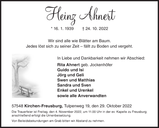 Traueranzeige von Heinz Ahnert von Siegener Zeitung