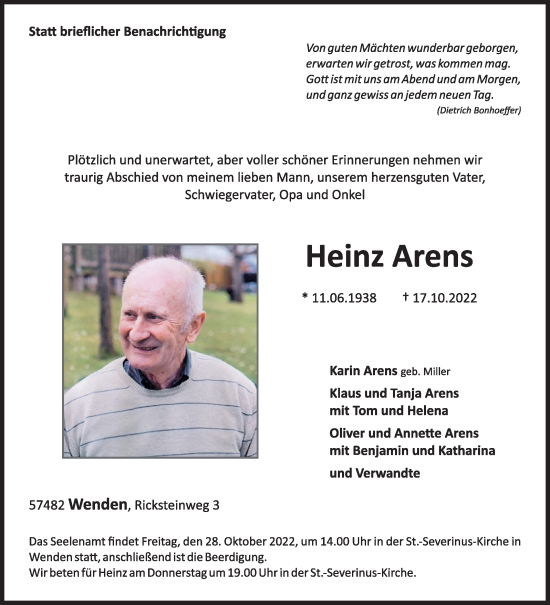 Traueranzeige von Heinz Arens von Siegener Zeitung