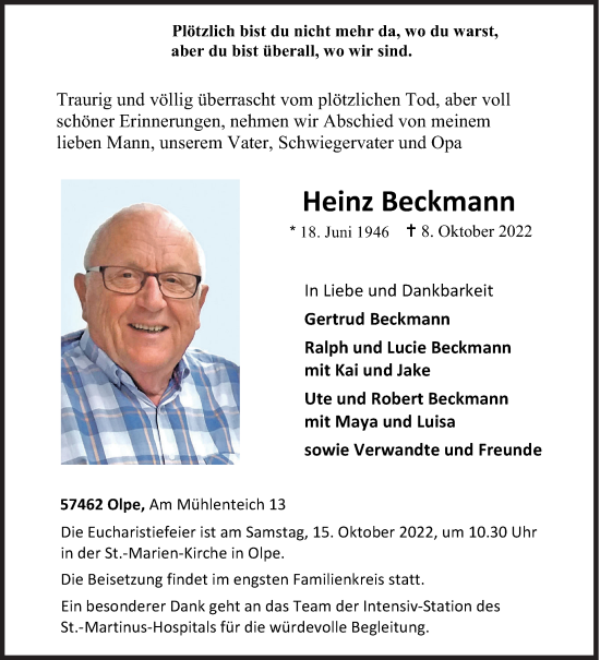 Traueranzeige von Heinz Beckmann von Siegener Zeitung