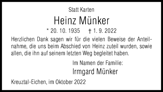 Traueranzeige von Heinz Münker von Siegener Zeitung